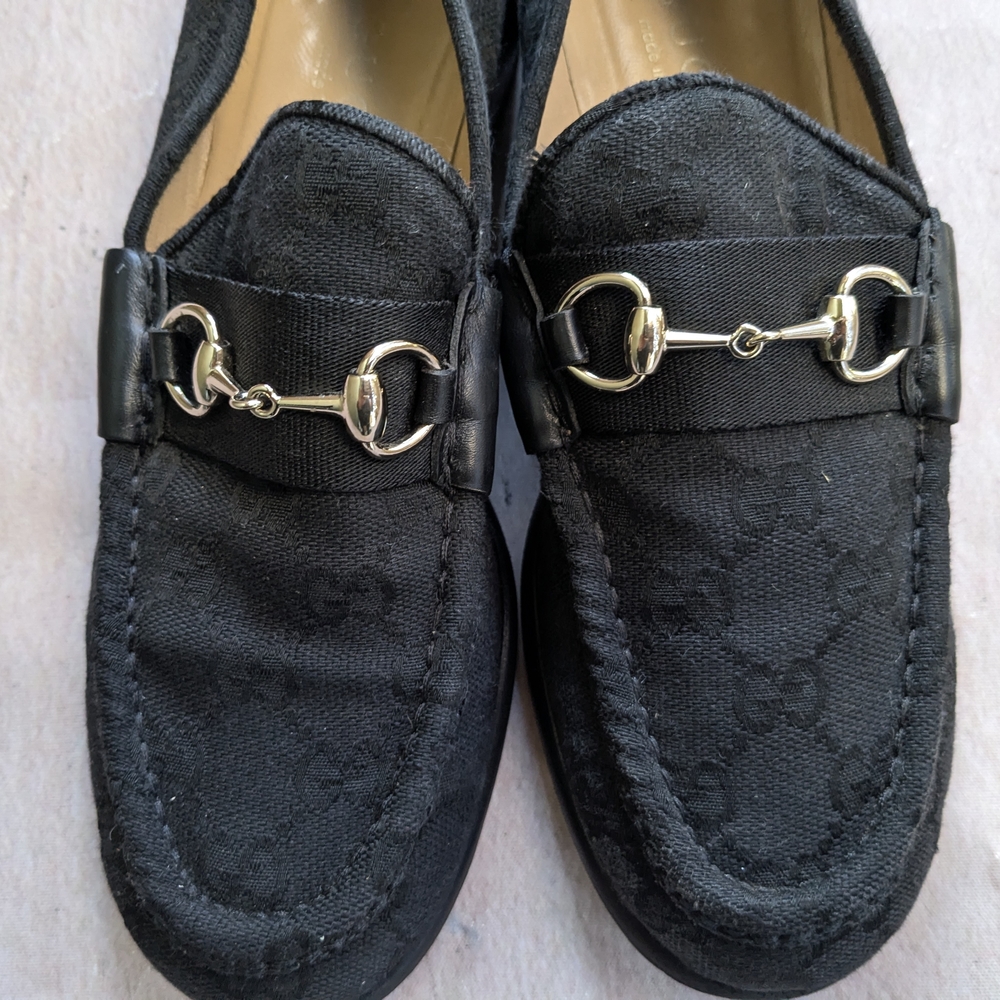 Gucci Horsebit Loafers Black Monogram Canvas Logo Women 7 B - Picture 5 of 16
